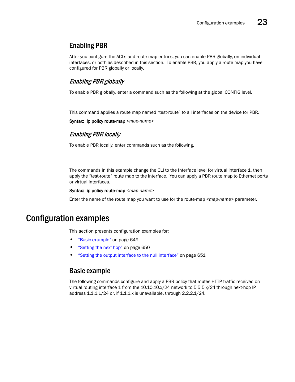 Enabling pbr, Configuration examples, Basic example | Enabling pbr globally, Enabling pbr locally | Brocade BigIron RX Series Configuration Guide User Manual | Page 727 / 1550