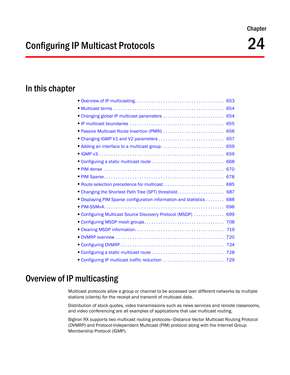 Configuring ip multicast protocols, Overview of ip multicasting, Chapter 24 | Configuring ip, Multicast protocols | Brocade BigIron RX Series Configuration Guide User Manual | Page 731 / 1550