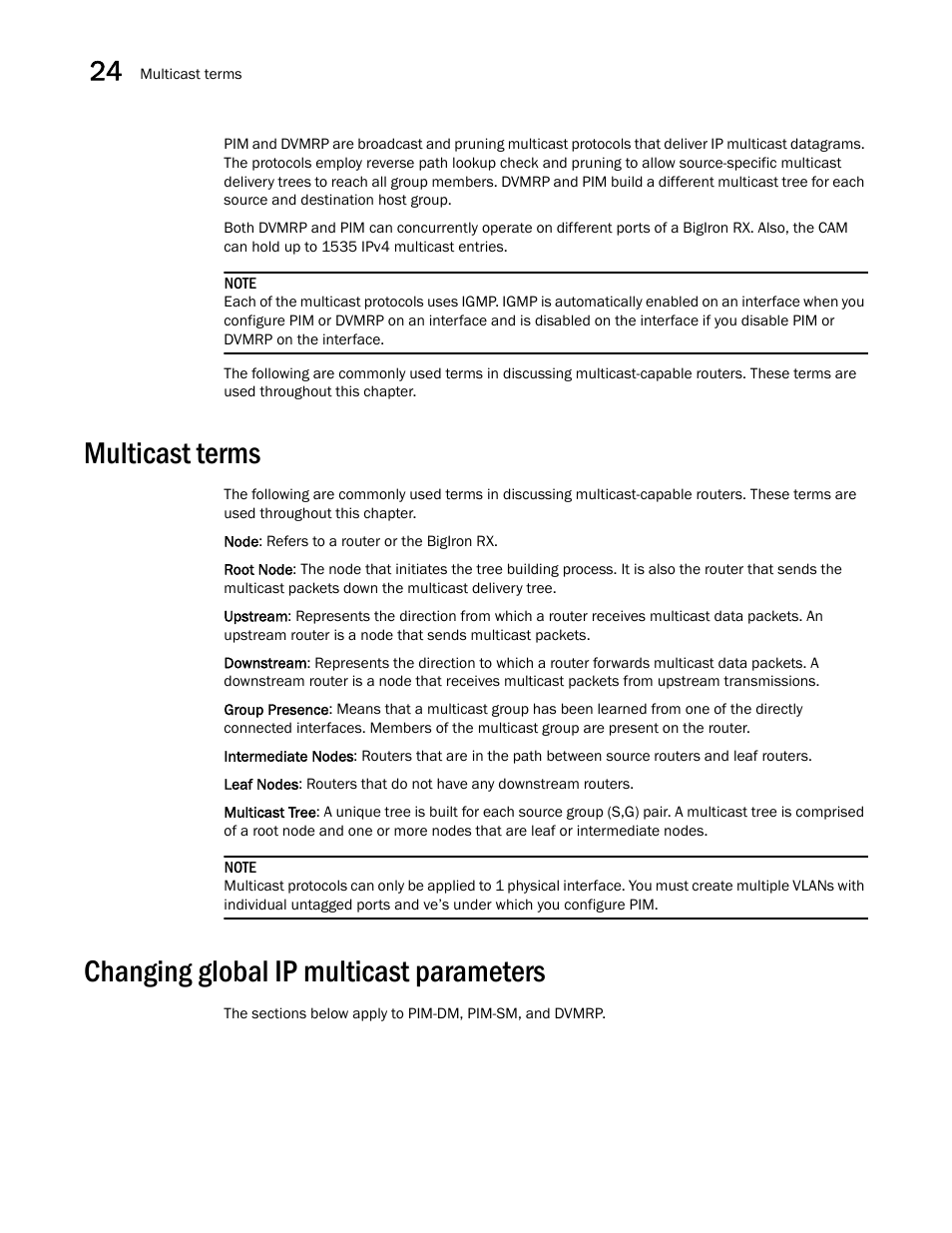 Multicast terms, Changing global ip multicast parameters | Brocade BigIron RX Series Configuration Guide User Manual | Page 732 / 1550