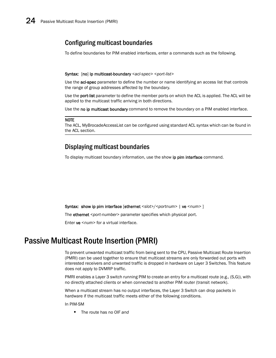 Configuring multicast boundaries, Displaying multicast boundaries, Passive multicast route insertion (pmri) | Passive multicast, Route insertion (pmri) | Brocade BigIron RX Series Configuration Guide User Manual | Page 734 / 1550