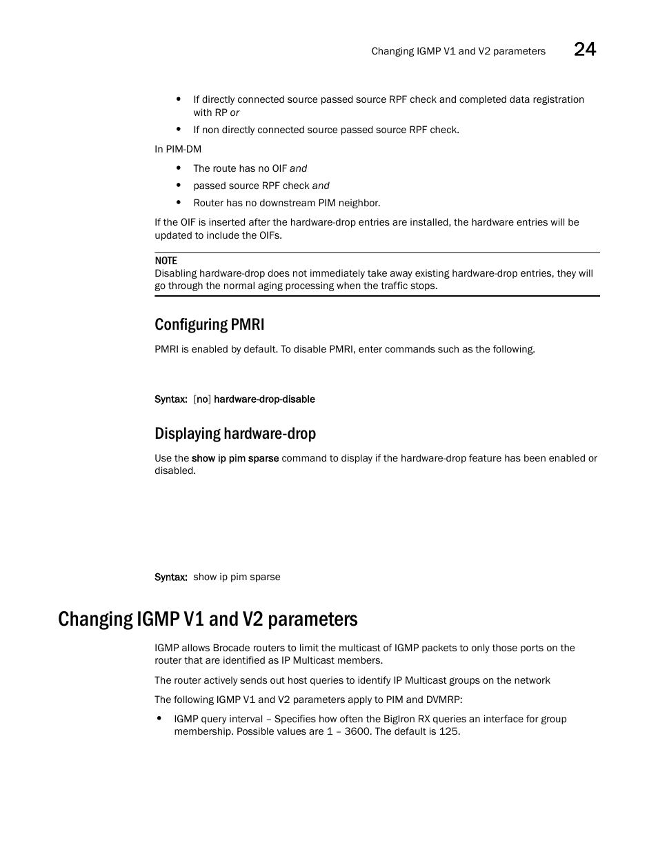 Configuring pmri, Displaying hardware-drop, Changing igmp v1 and v2 parameters | Brocade BigIron RX Series Configuration Guide User Manual | Page 735 / 1550