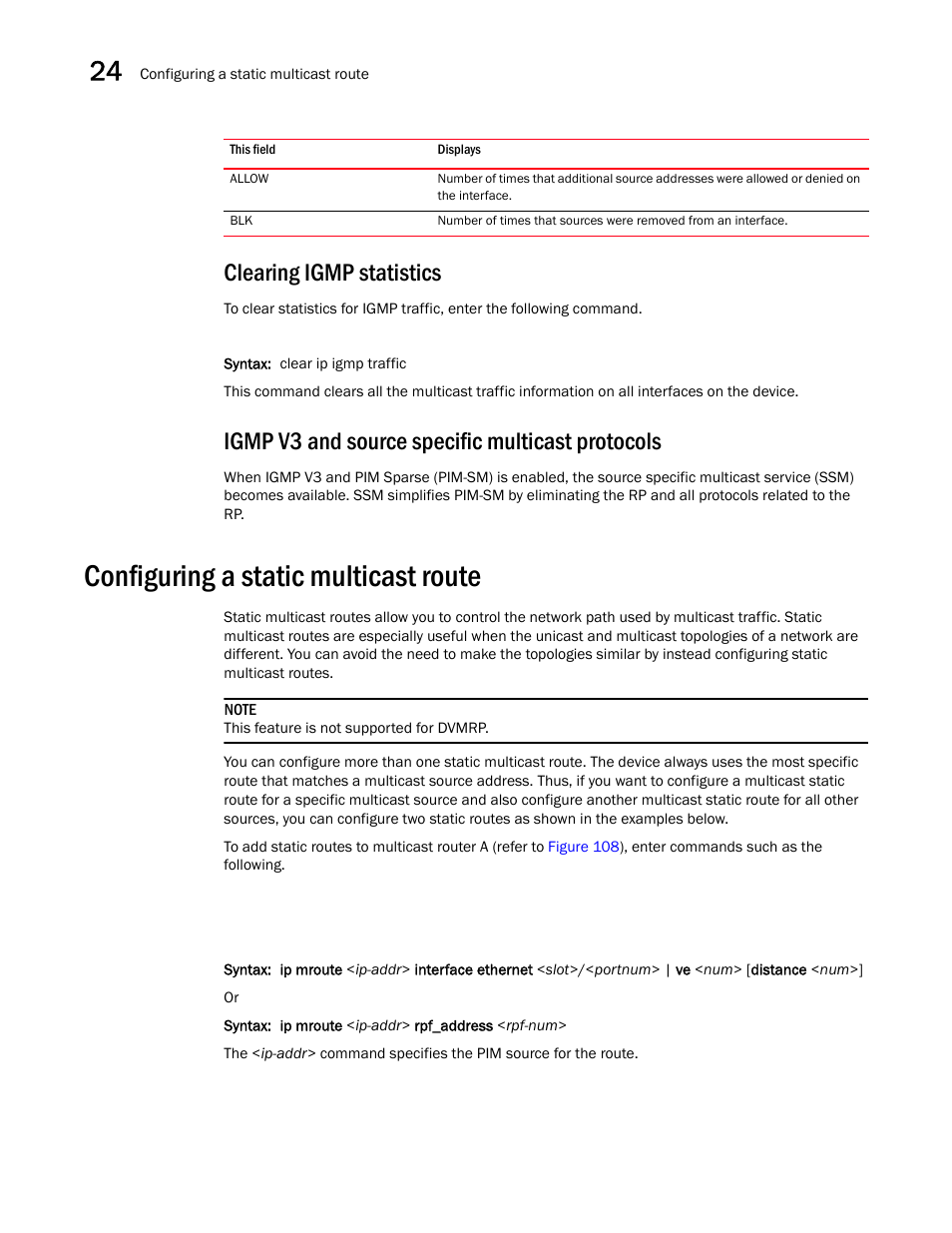 Clearing igmp statistics, Igmp v3 and source specific multicast protocols, Configuring a static multicast route | Brocade BigIron RX Series Configuration Guide User Manual | Page 746 / 1550