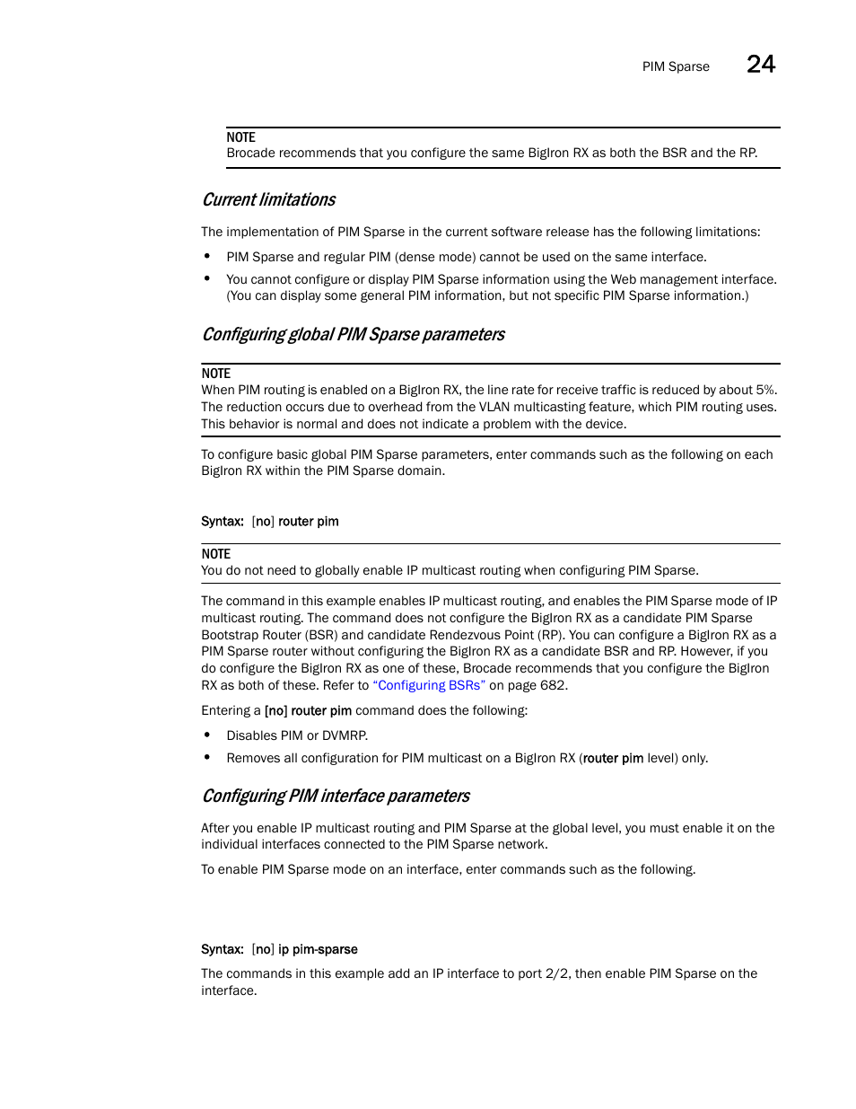 Current limitations, Configuring global pim sparse parameters, Configuring pim interface parameters | Brocade BigIron RX Series Configuration Guide User Manual | Page 759 / 1550