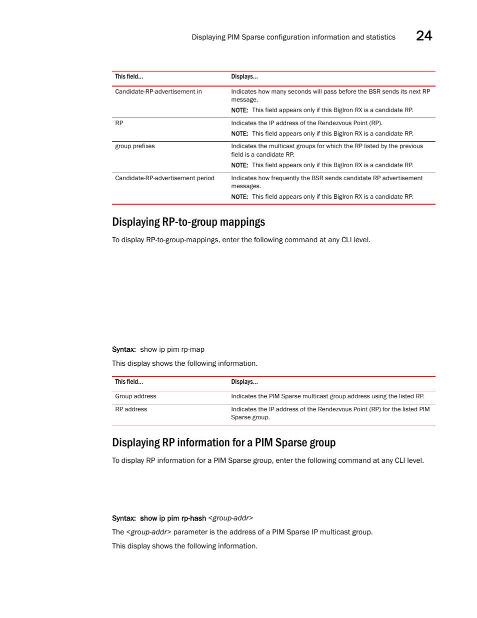 Displaying rp-to-group mappings, Displaying rp information for a pim sparse group | Brocade BigIron RX Series Configuration Guide User Manual | Page 771 / 1550