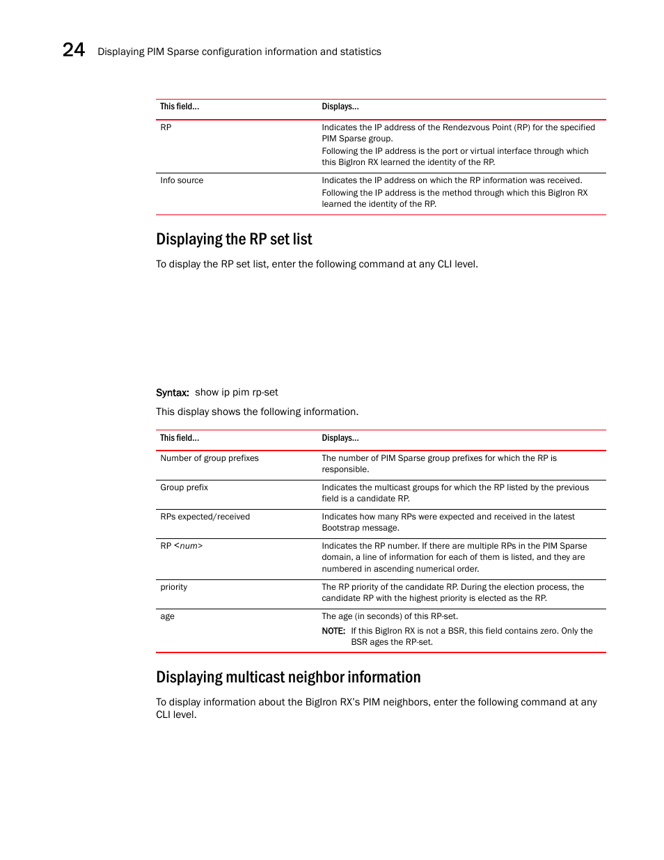 Displaying the rp set list, Displaying multicast neighbor information | Brocade BigIron RX Series Configuration Guide User Manual | Page 772 / 1550