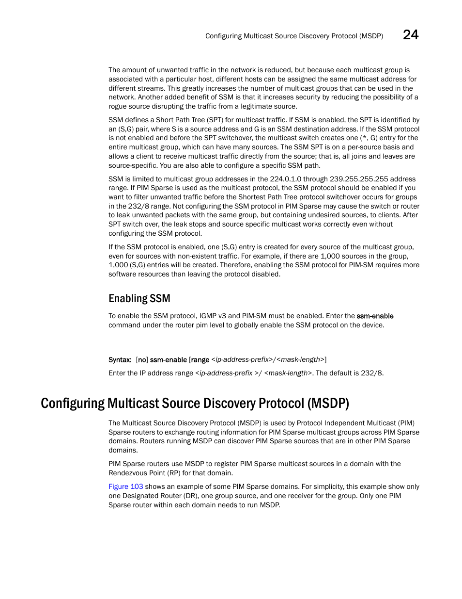 Enabling ssm, Configuring, Multicast source discovery protocol (msdp) | Brocade BigIron RX Series Configuration Guide User Manual | Page 777 / 1550