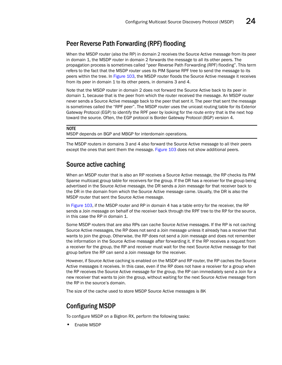 Peer reverse path forwarding (rpf) flooding, Source active caching, Configuring msdp | Brocade BigIron RX Series Configuration Guide User Manual | Page 779 / 1550