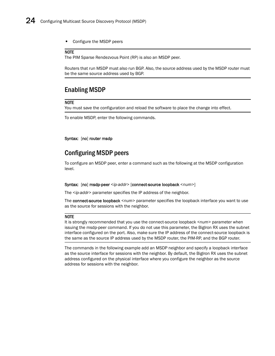 Enabling msdp, Configuring msdp peers | Brocade BigIron RX Series Configuration Guide User Manual | Page 780 / 1550