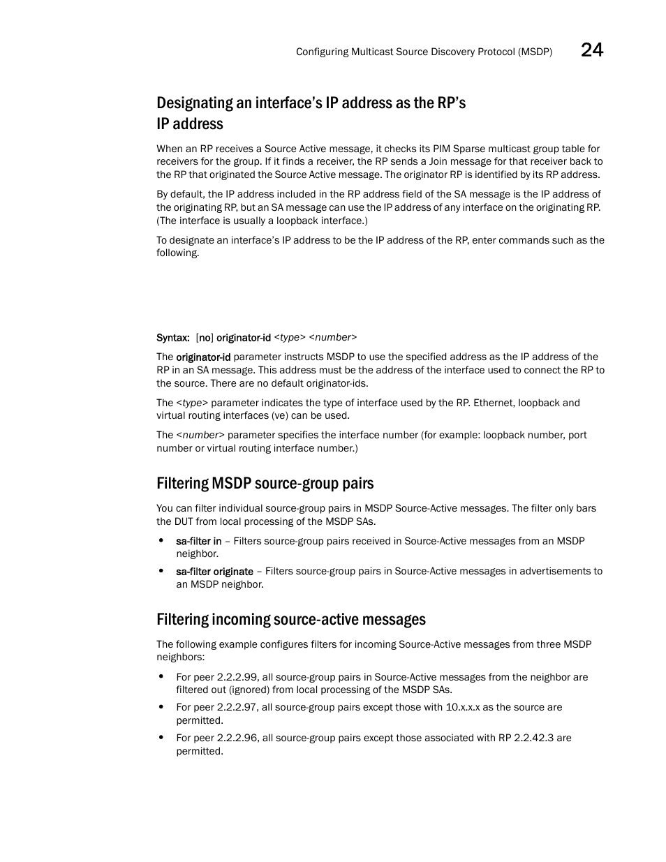 Filtering msdp source-group pairs, Filtering incoming source-active messages | Brocade BigIron RX Series Configuration Guide User Manual | Page 781 / 1550