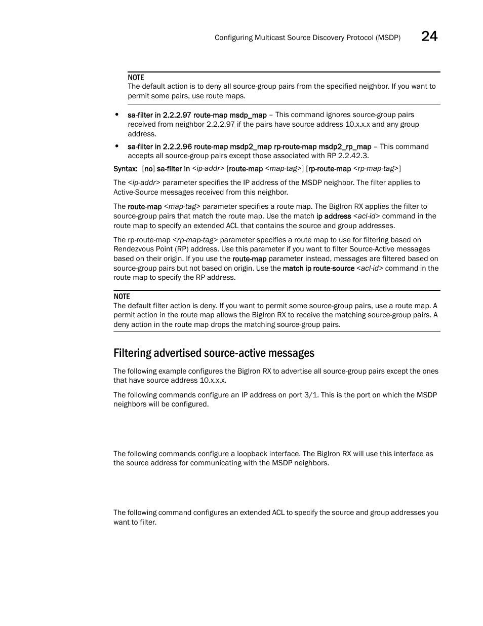 Filtering advertised source-active messages | Brocade BigIron RX Series Configuration Guide User Manual | Page 783 / 1550