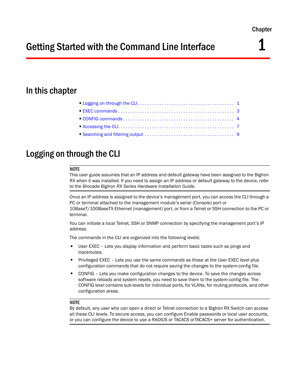 Getting started with the command line interface, Logging on through the cli, Chapter 1 | Brocade BigIron RX Series Configuration Guide User Manual | Page 79 / 1550