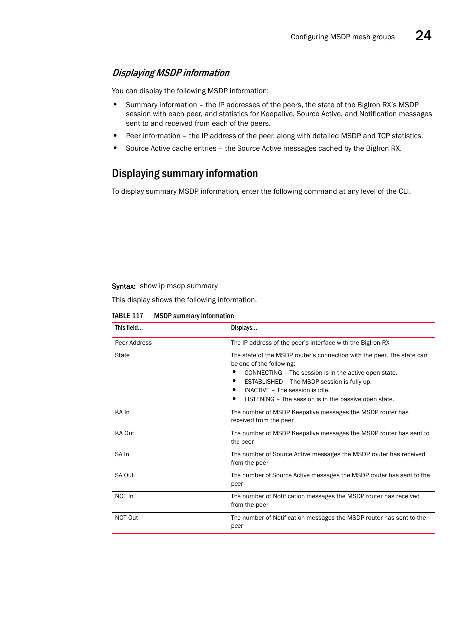 Displaying summary information, Displaying msdp information | Brocade BigIron RX Series Configuration Guide User Manual | Page 793 / 1550
