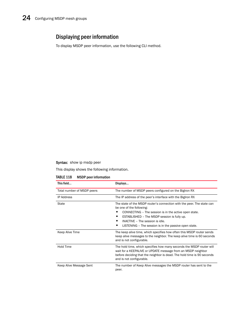 Displaying peer information | Brocade BigIron RX Series Configuration Guide User Manual | Page 794 / 1550