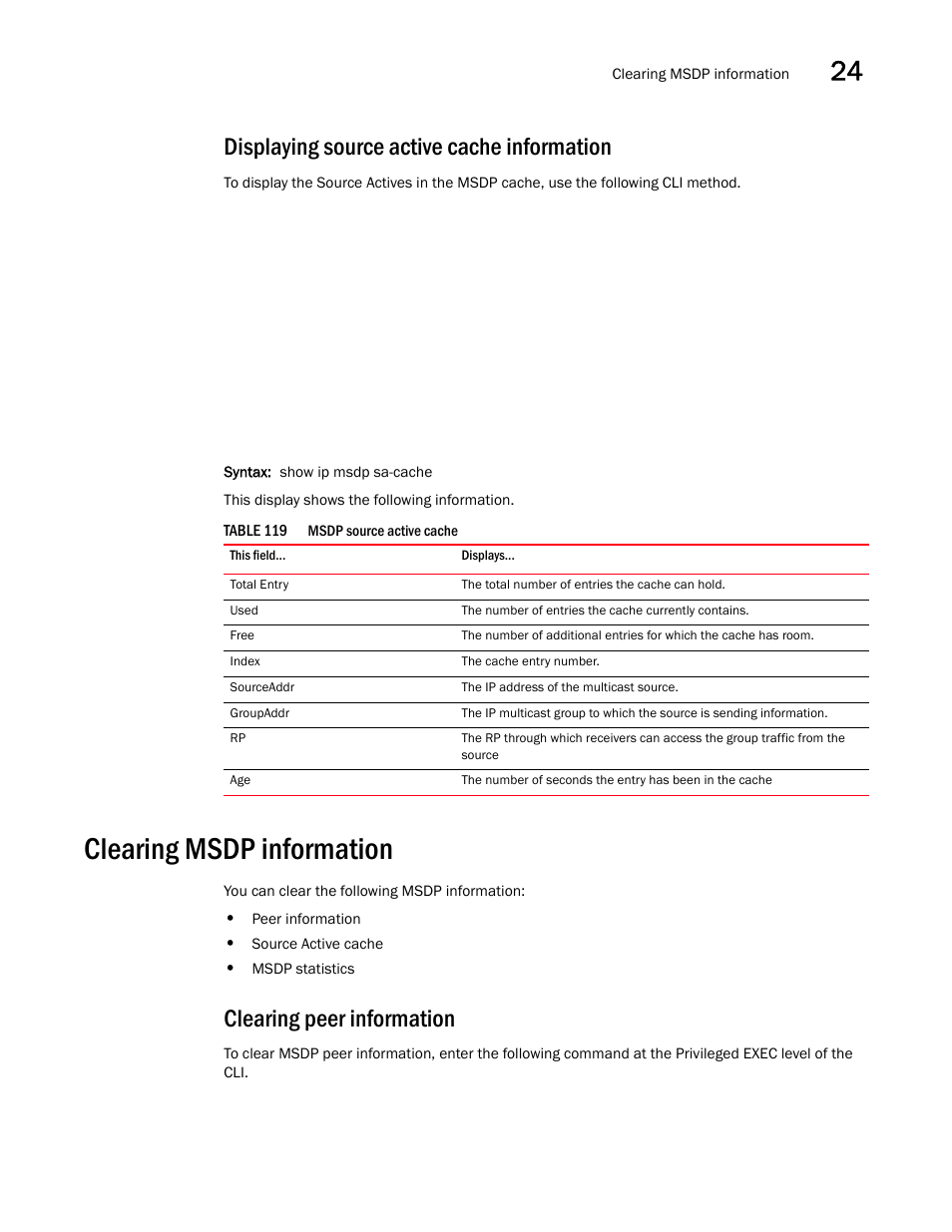 Displaying source active cache information, Clearing msdp information, Clearing peer information | Brocade BigIron RX Series Configuration Guide User Manual | Page 797 / 1550