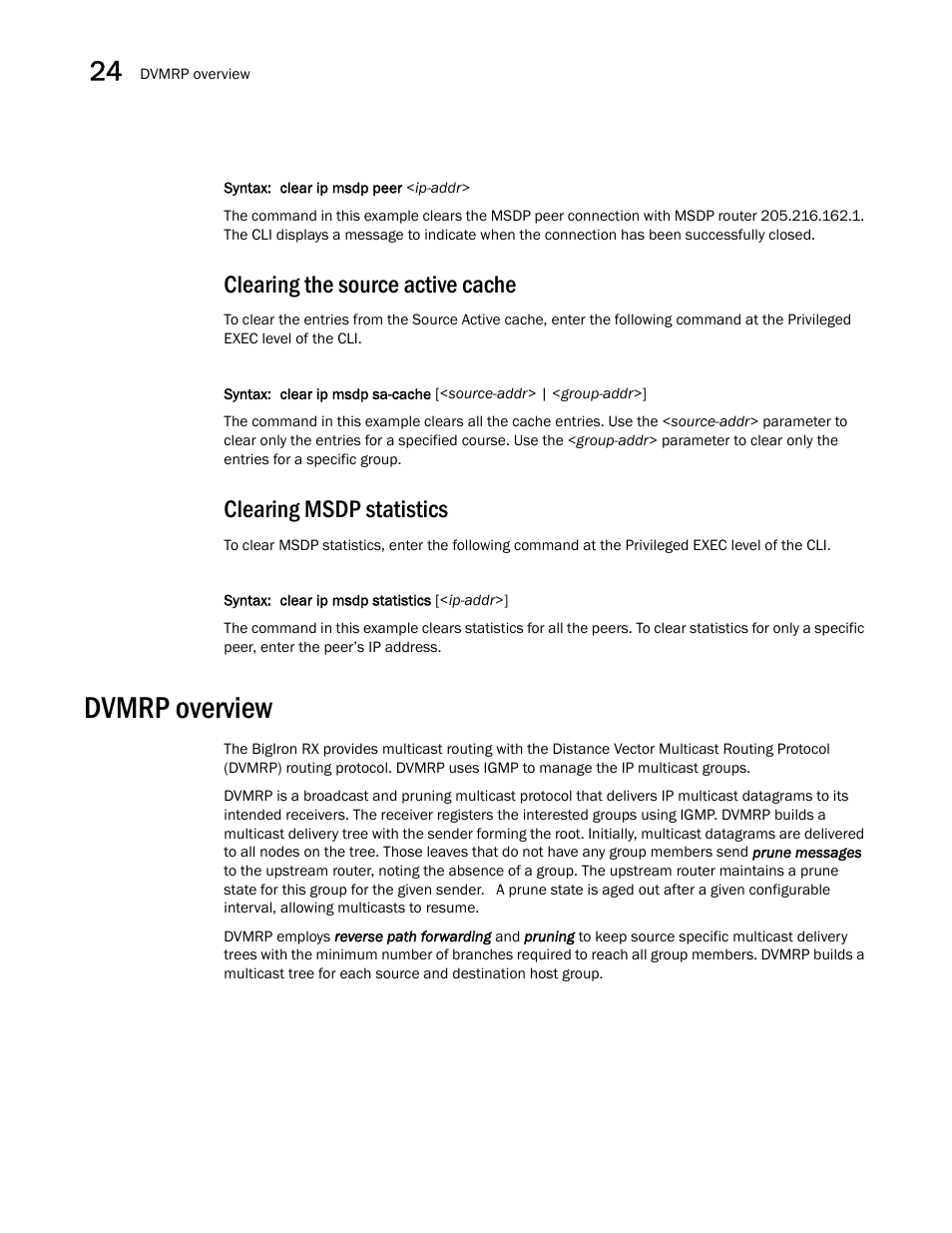 Clearing the source active cache, Clearing msdp statistics, Dvmrp overview | Brocade BigIron RX Series Configuration Guide User Manual | Page 798 / 1550