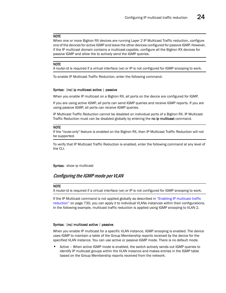 Configuring the igmp mode per vlan | Brocade BigIron RX Series Configuration Guide User Manual | Page 809 / 1550