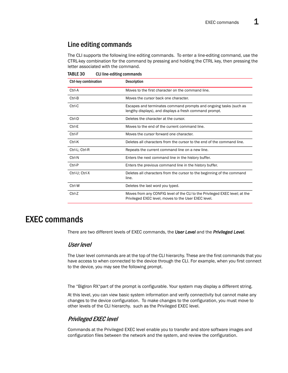 Line editing commands, Exec commands, User level | Privileged exec level | Brocade BigIron RX Series Configuration Guide User Manual | Page 81 / 1550