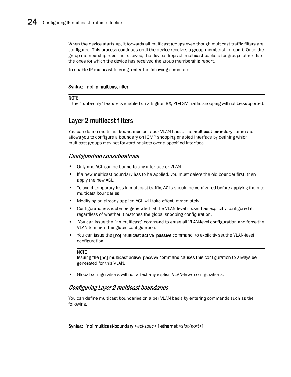 Layer 2 multicast filters, Layer 2 multicast, Filters | Configuration considerations, Configuring layer 2 multicast boundaries | Brocade BigIron RX Series Configuration Guide User Manual | Page 812 / 1550