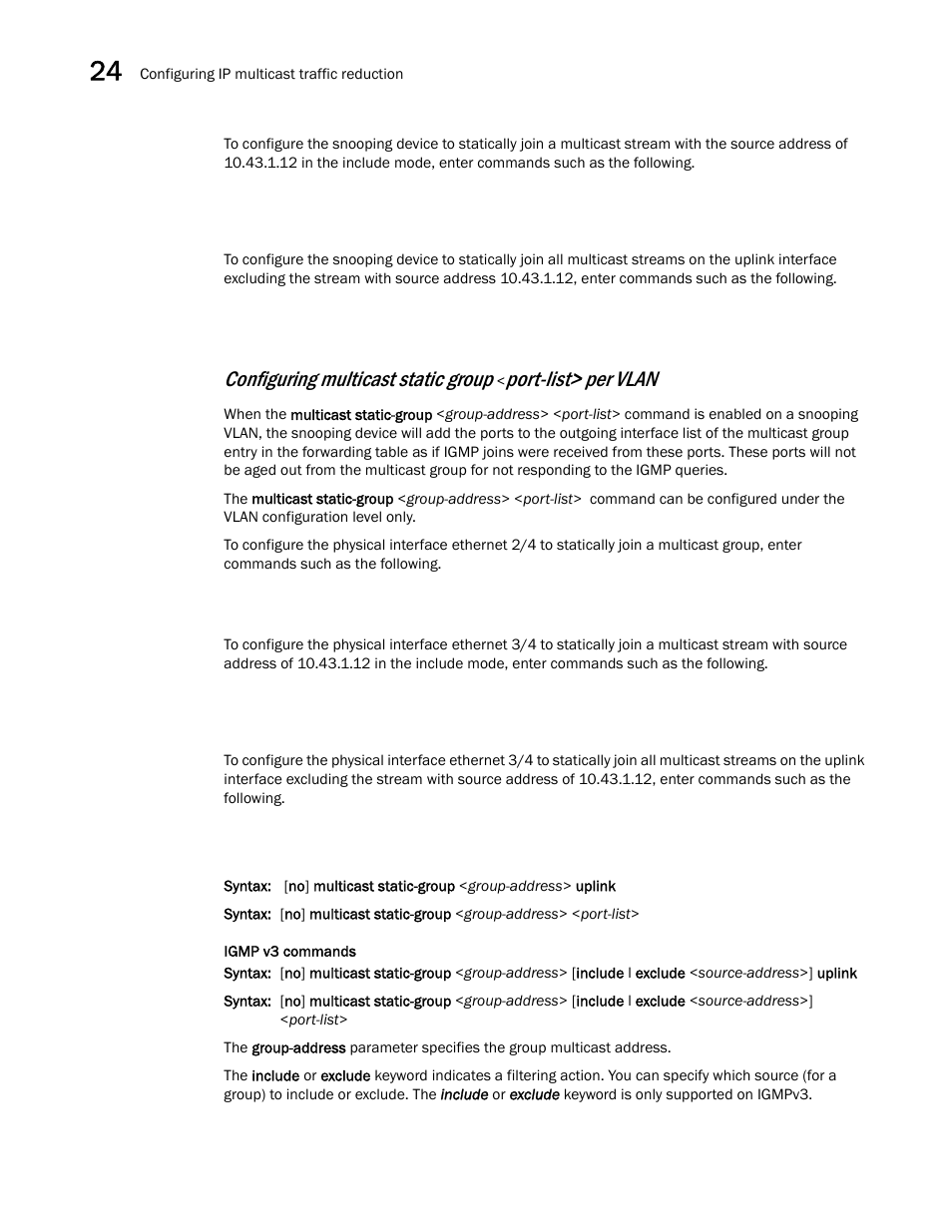 Configuring multicast static group, Port-list> per vlan | Brocade BigIron RX Series Configuration Guide User Manual | Page 818 / 1550