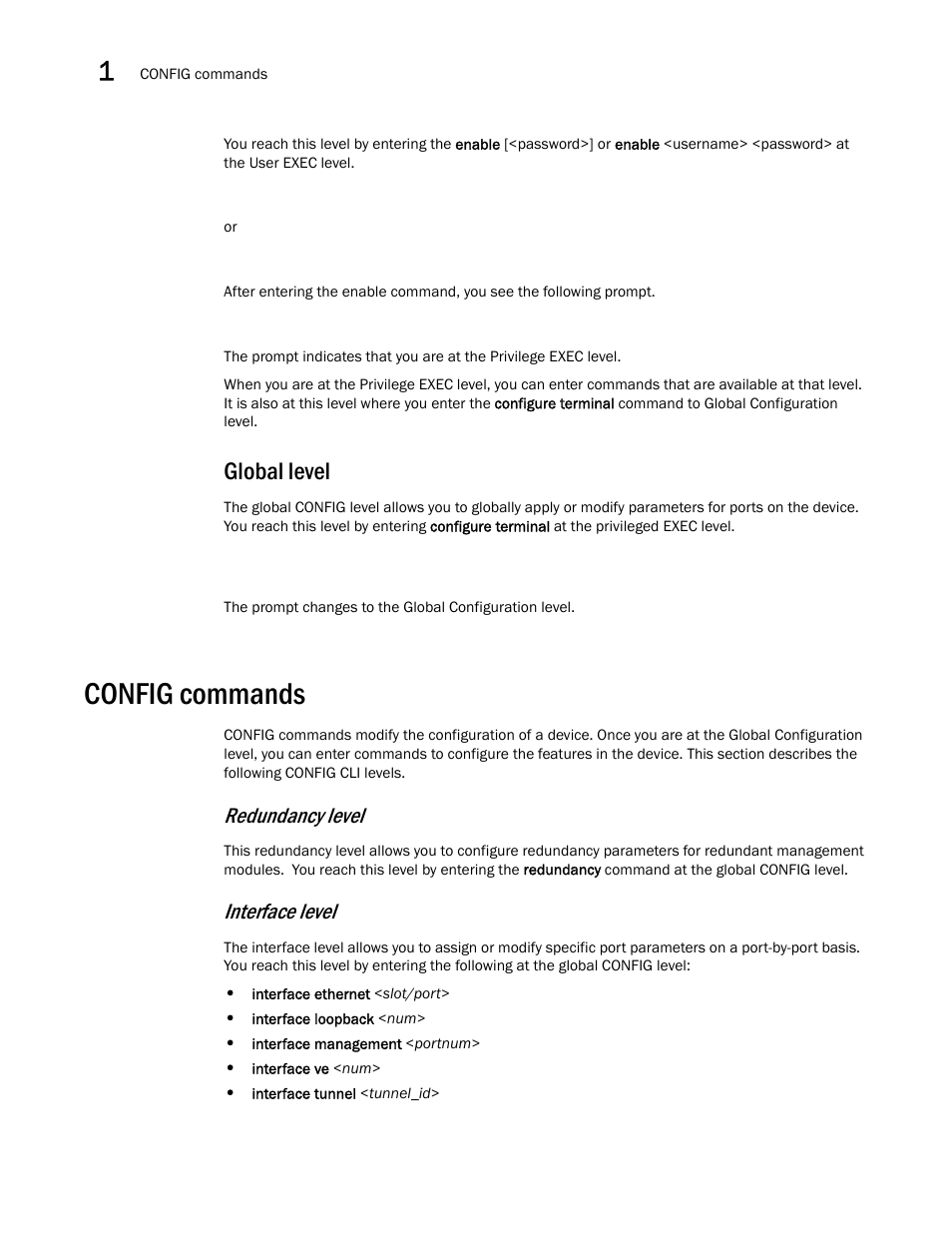 Global level, Config commands, Redundancy level | Interface level | Brocade BigIron RX Series Configuration Guide User Manual | Page 82 / 1550