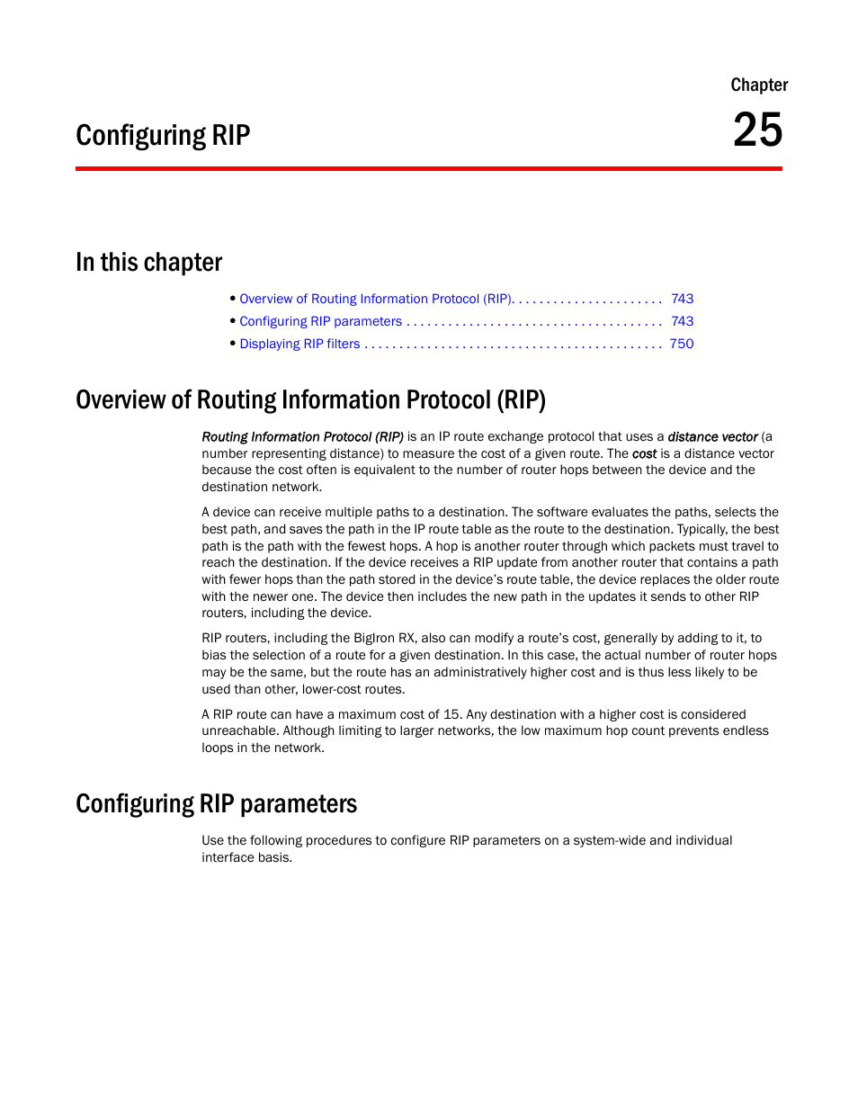 Configuring rip, Overview of routing information protocol (rip), Configuring rip parameters | Chapter 25 | Brocade BigIron RX Series Configuration Guide User Manual | Page 821 / 1550