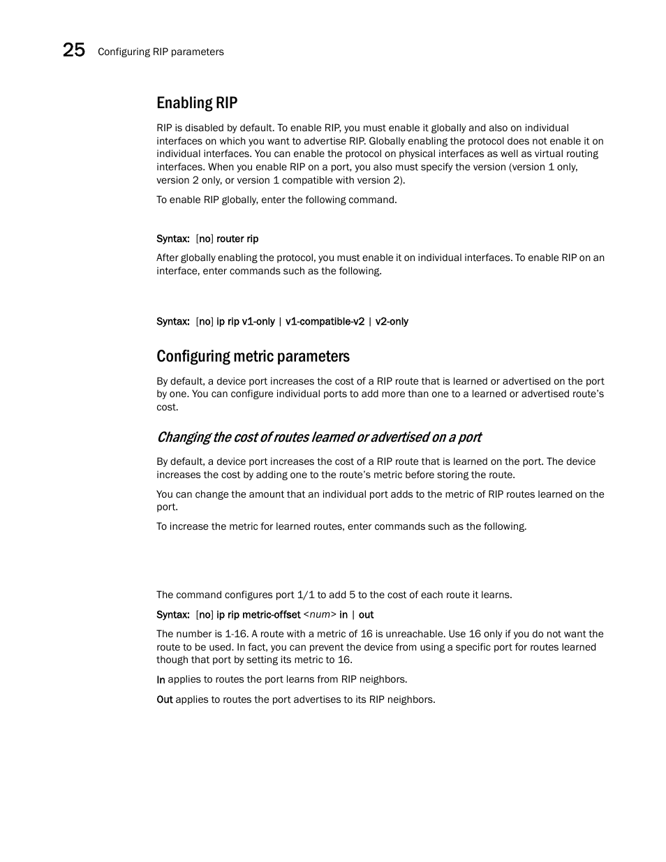 Enabling rip, Configuring metric parameters | Brocade BigIron RX Series Configuration Guide User Manual | Page 822 / 1550