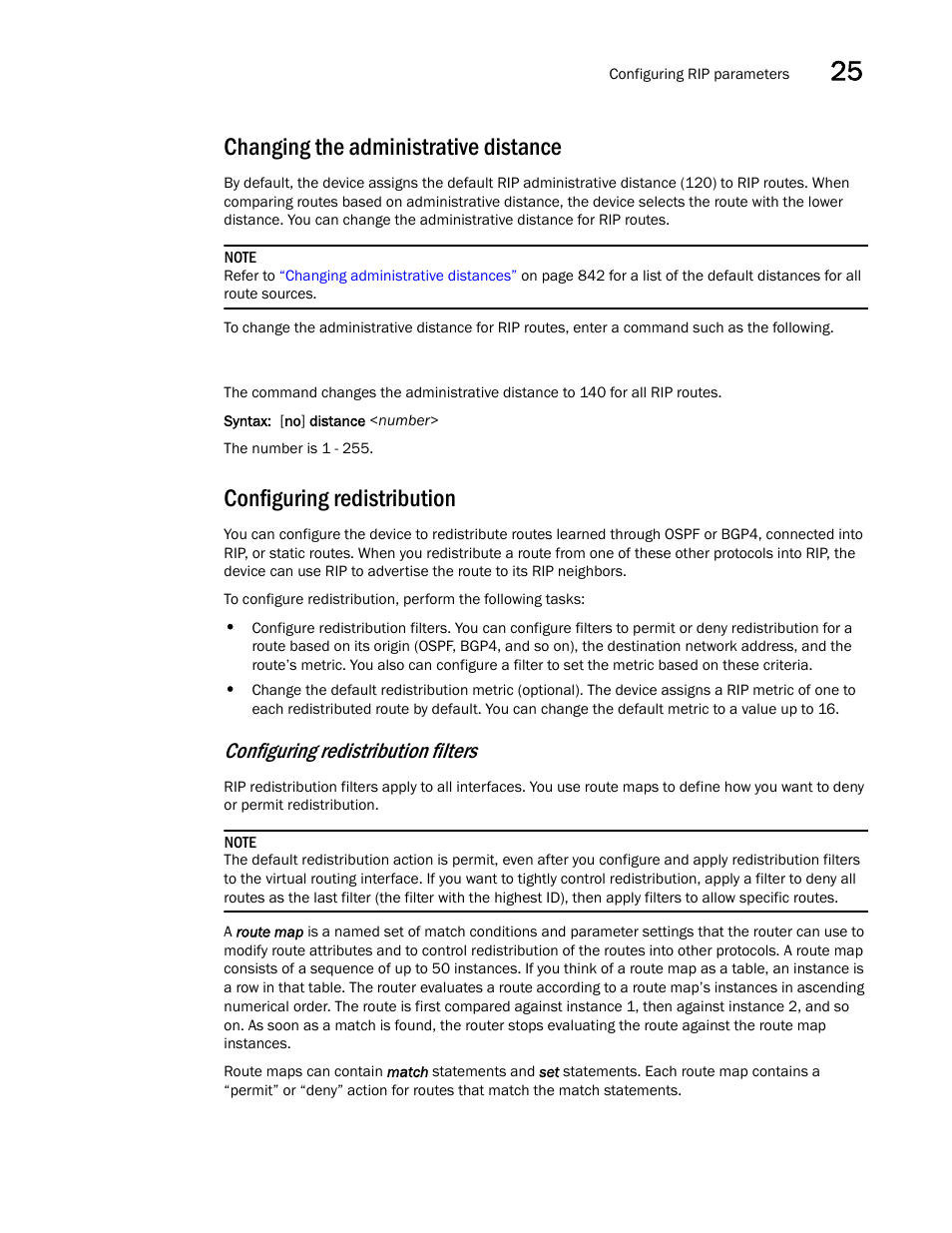 Changing the administrative distance, Configuring redistribution, Configuring redistribution filters | Brocade BigIron RX Series Configuration Guide User Manual | Page 823 / 1550