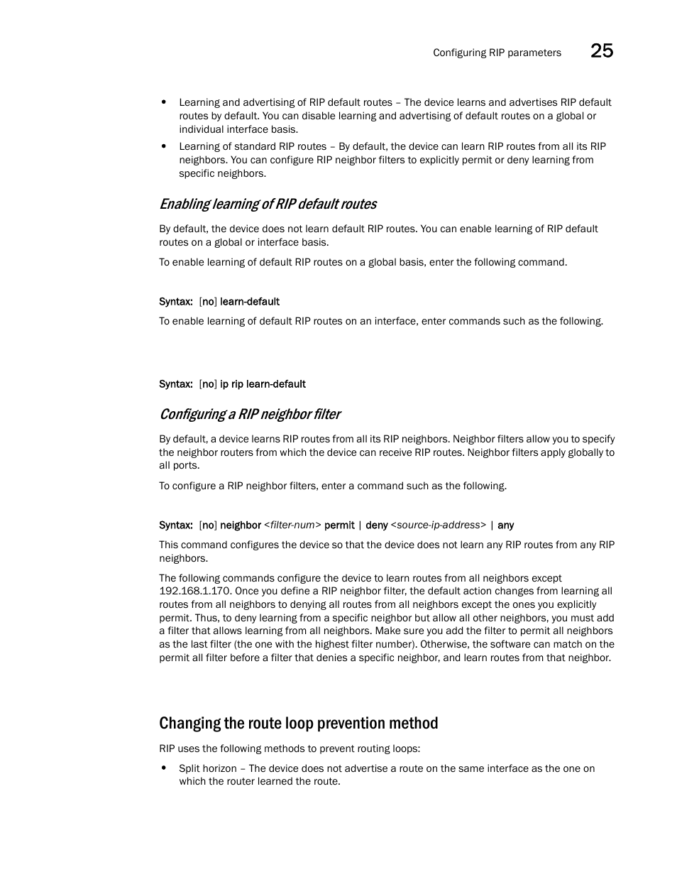 Changing the route loop prevention method, Enabling learning of rip default routes, Configuring a rip neighbor filter | Brocade BigIron RX Series Configuration Guide User Manual | Page 825 / 1550