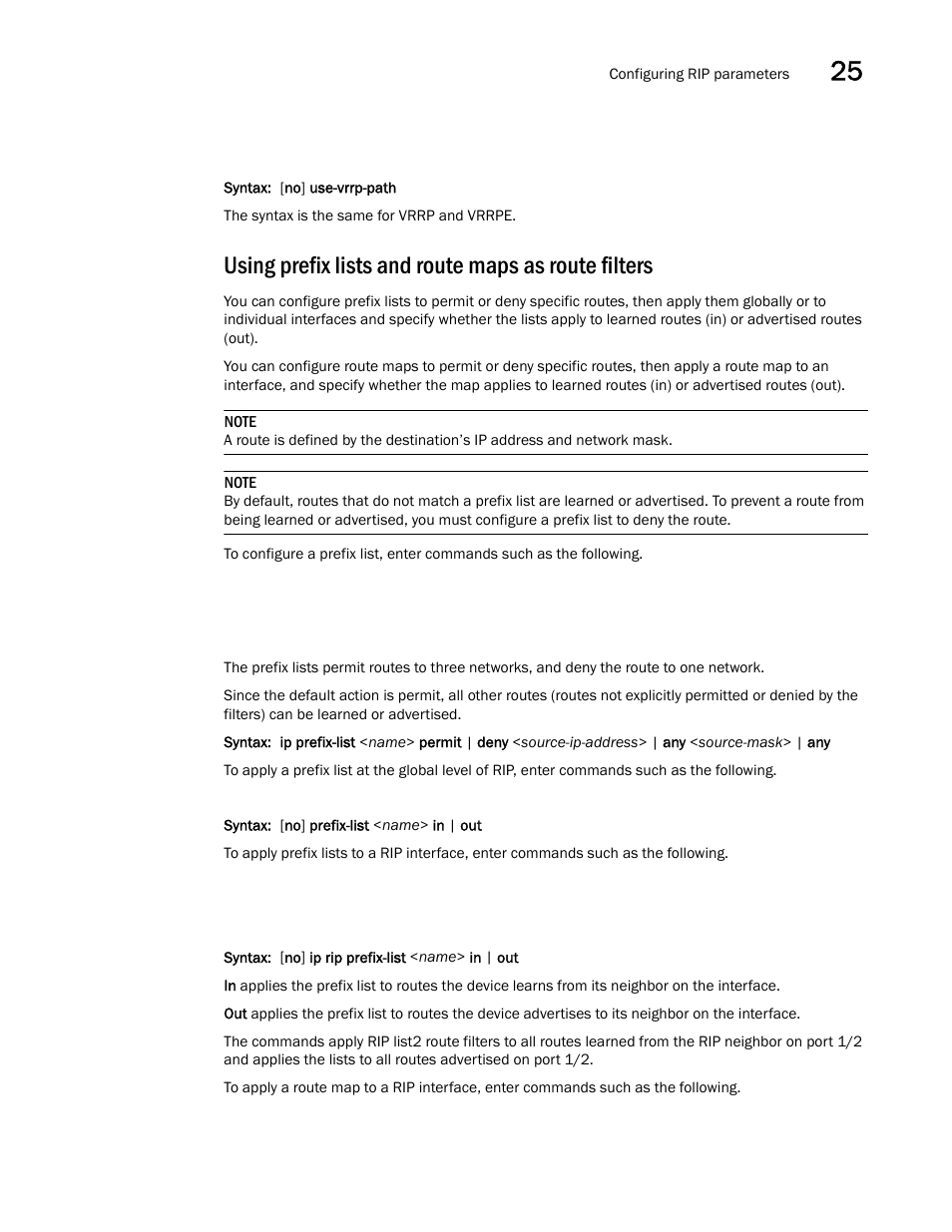 Using prefix lists and route maps as route filters | Brocade BigIron RX Series Configuration Guide User Manual | Page 827 / 1550