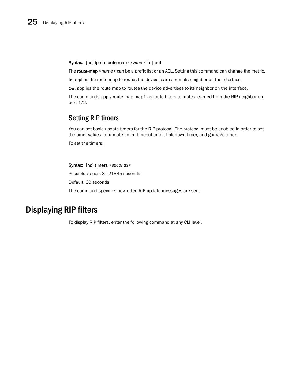 Setting rip timers, Displaying rip filters | Brocade BigIron RX Series Configuration Guide User Manual | Page 828 / 1550