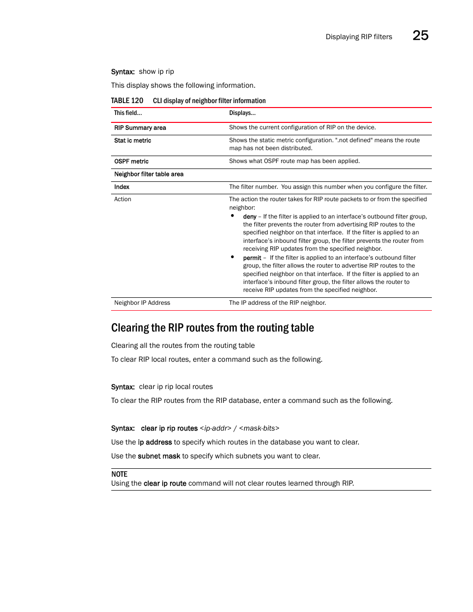 Clearing the rip routes from the routing table | Brocade BigIron RX Series Configuration Guide User Manual | Page 829 / 1550