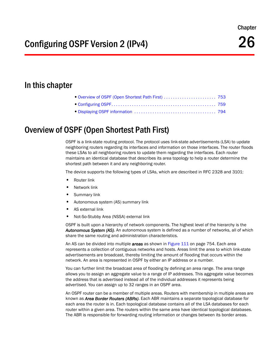 Configuring ospf version 2 (ipv4), Overview of ospf (open shortest path first), Chapter 26 | Configuring, Ospf version 2 (ipv4) | Brocade BigIron RX Series Configuration Guide User Manual | Page 831 / 1550