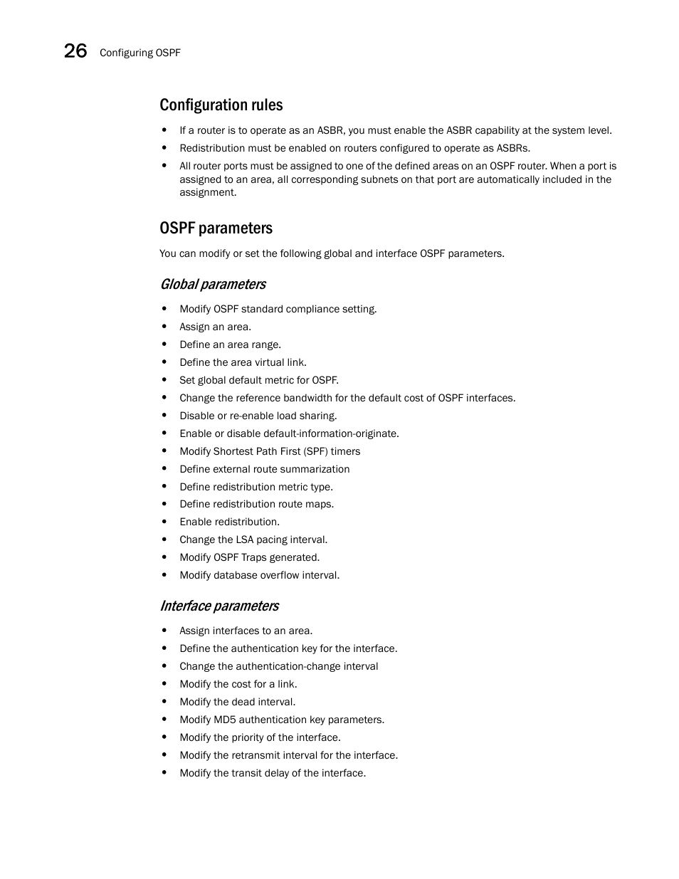 Configuration rules, Ospf parameters, Global parameters | Interface parameters | Brocade BigIron RX Series Configuration Guide User Manual | Page 838 / 1550