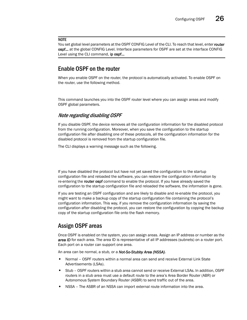 Enable ospf on the router, Assign ospf areas | Brocade BigIron RX Series Configuration Guide User Manual | Page 839 / 1550