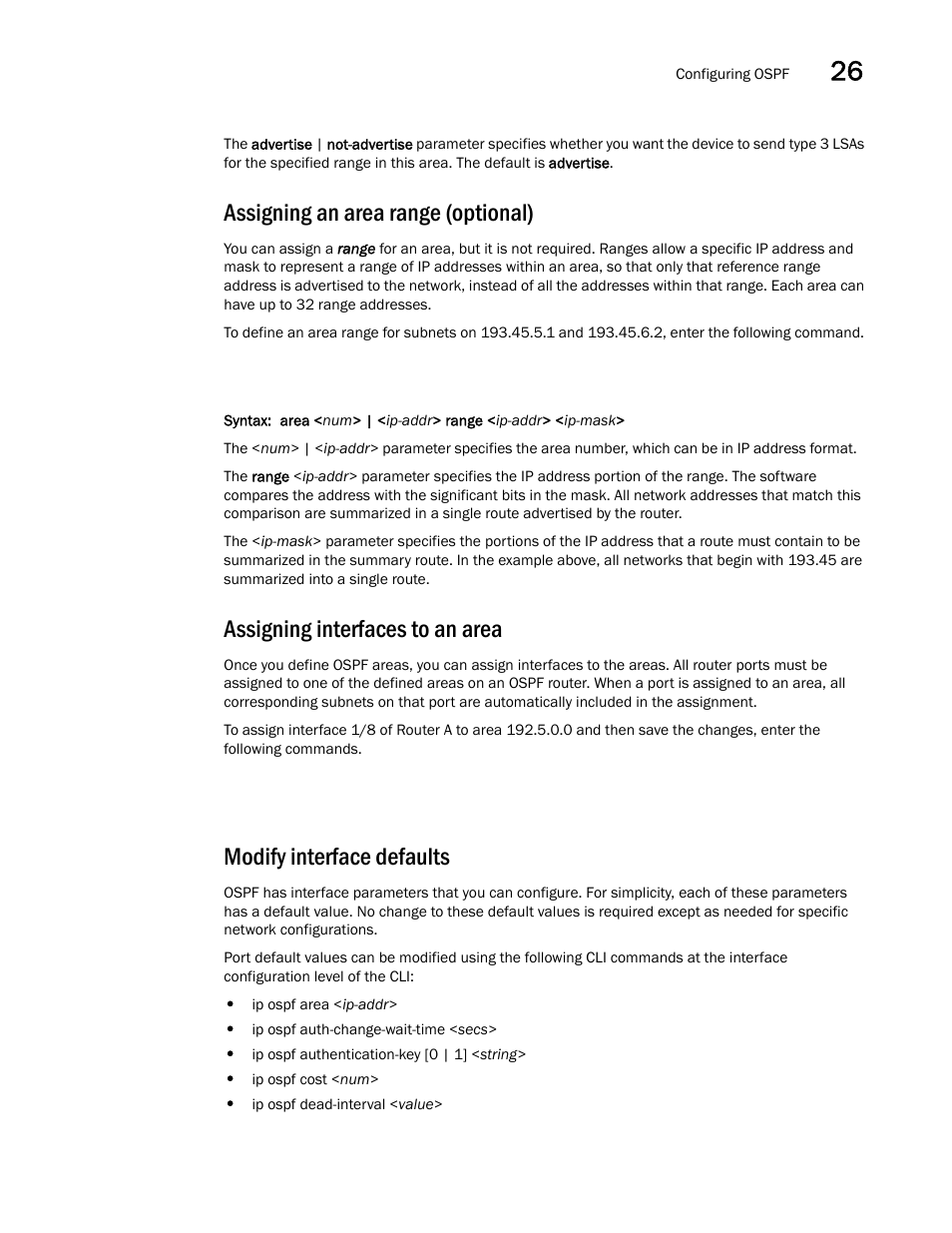 Assigning an area range (optional), Assigning interfaces to an area, Modify interface defaults | Brocade BigIron RX Series Configuration Guide User Manual | Page 843 / 1550