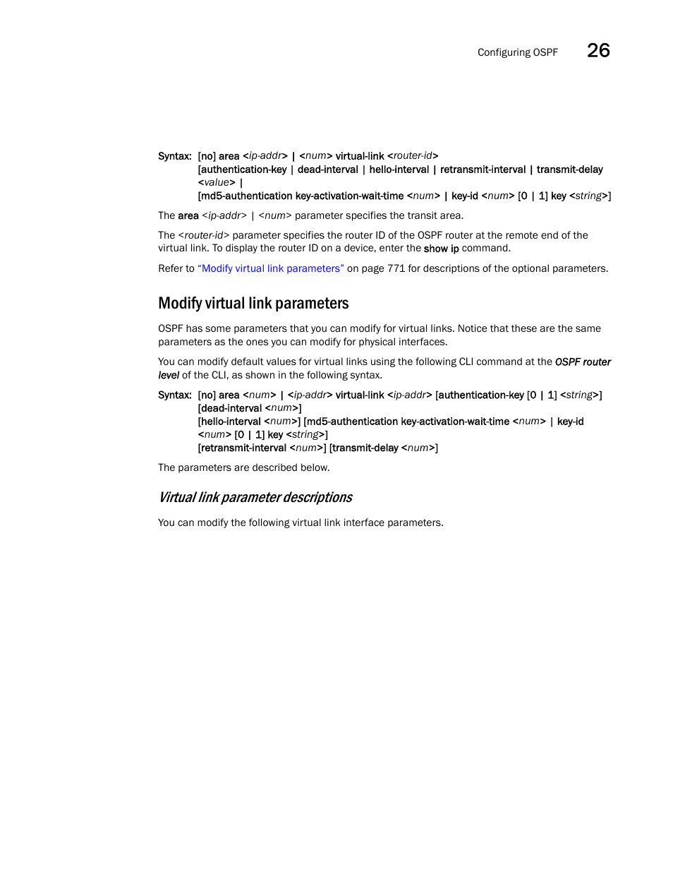 Modify virtual link parameters, Virtual link parameter descriptions | Brocade BigIron RX Series Configuration Guide User Manual | Page 849 / 1550