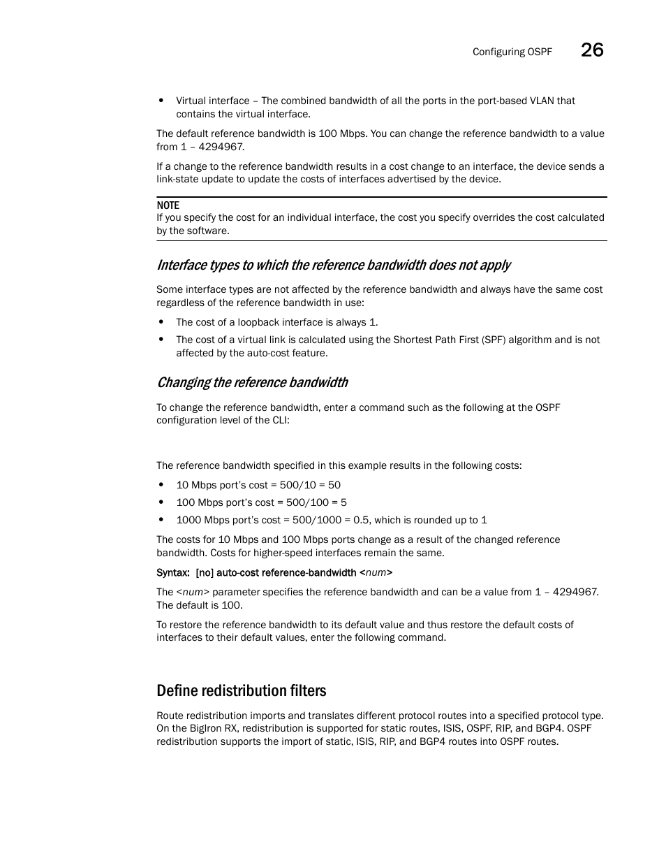 Define redistribution filters, Changing the reference bandwidth | Brocade BigIron RX Series Configuration Guide User Manual | Page 855 / 1550