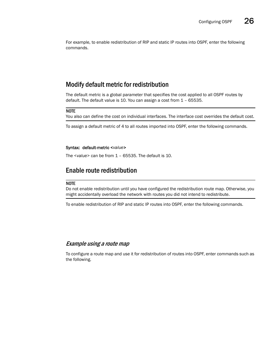 Modify default metric for redistribution, Enable route redistribution, Enable | Route redistribution, Example using a route map | Brocade BigIron RX Series Configuration Guide User Manual | Page 857 / 1550