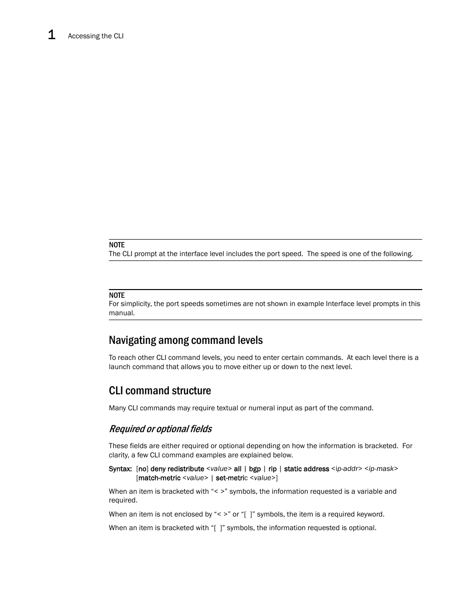 Navigating among command levels, Cli command structure, Required or optional fields | Brocade BigIron RX Series Configuration Guide User Manual | Page 86 / 1550