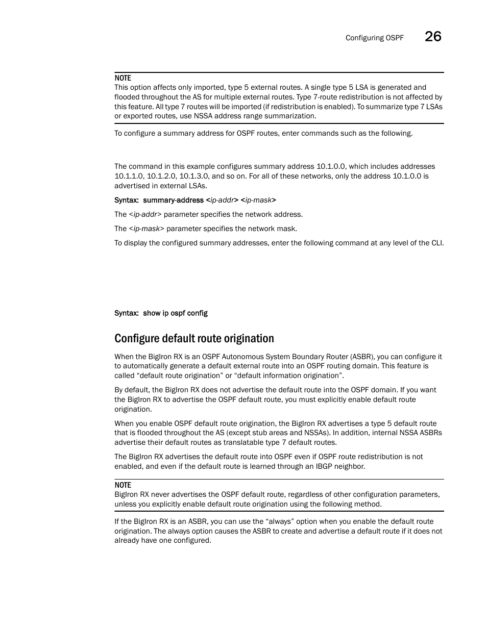 Configure default route origination | Brocade BigIron RX Series Configuration Guide User Manual | Page 861 / 1550