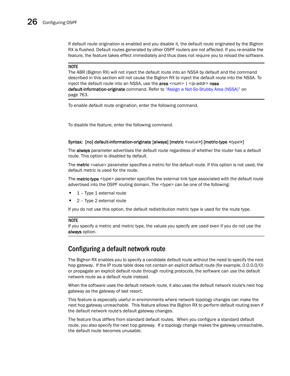 Configuring a default network route, Configuring a, Default network route | Brocade BigIron RX Series Configuration Guide User Manual | Page 862 / 1550