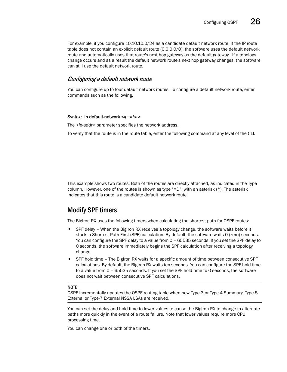 Modify spf timers, Configuring a default network route | Brocade BigIron RX Series Configuration Guide User Manual | Page 863 / 1550