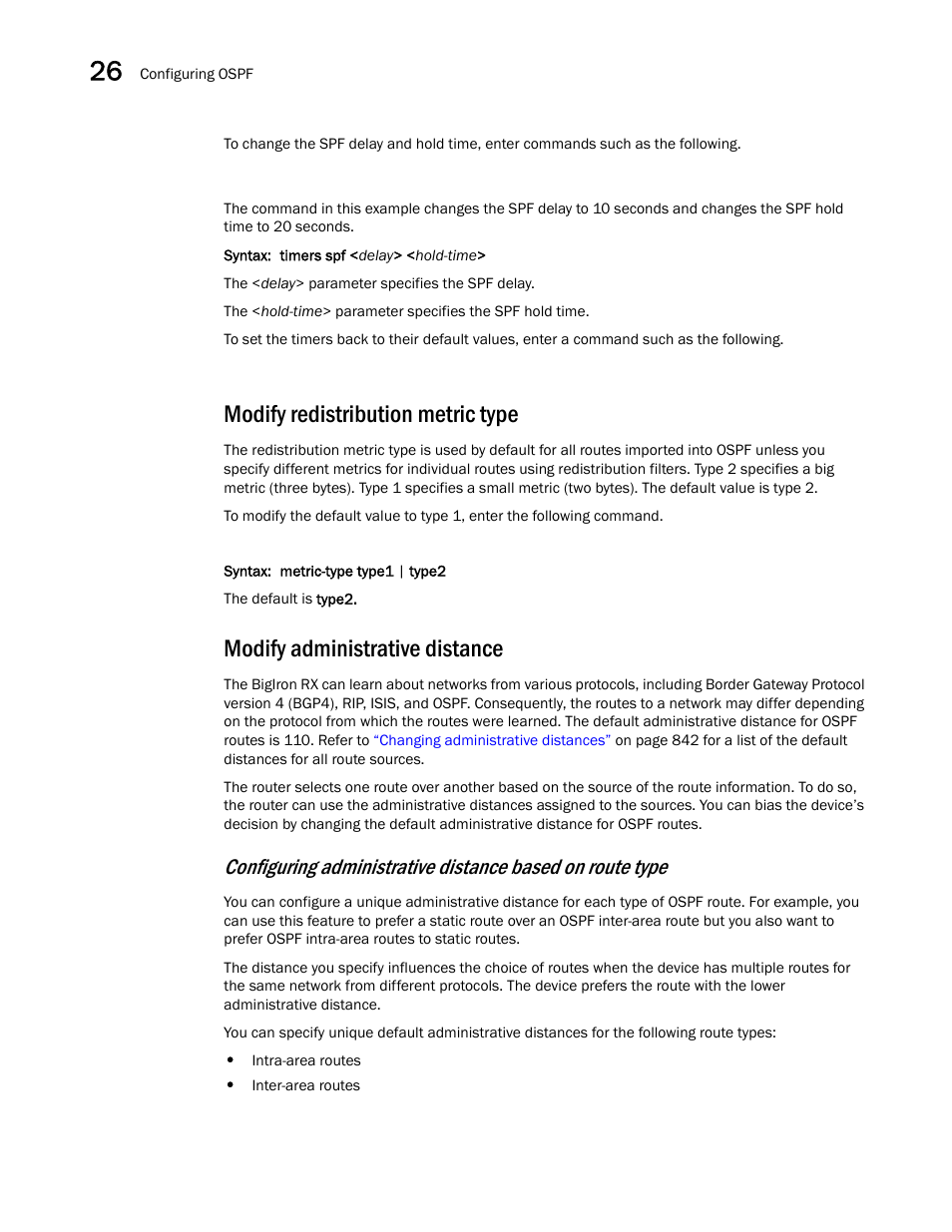 Modify redistribution metric type, Modify administrative distance | Brocade BigIron RX Series Configuration Guide User Manual | Page 864 / 1550