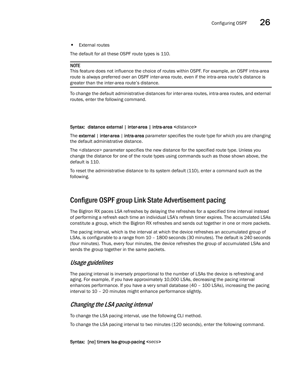 Usage guidelines, Changing the lsa pacing interval | Brocade BigIron RX Series Configuration Guide User Manual | Page 865 / 1550