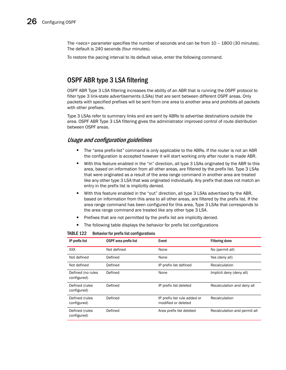 Ospf abr type 3 lsa filtering, Ospf abr type 3, Lsa filtering | Usage and configuration guidelines | Brocade BigIron RX Series Configuration Guide User Manual | Page 866 / 1550