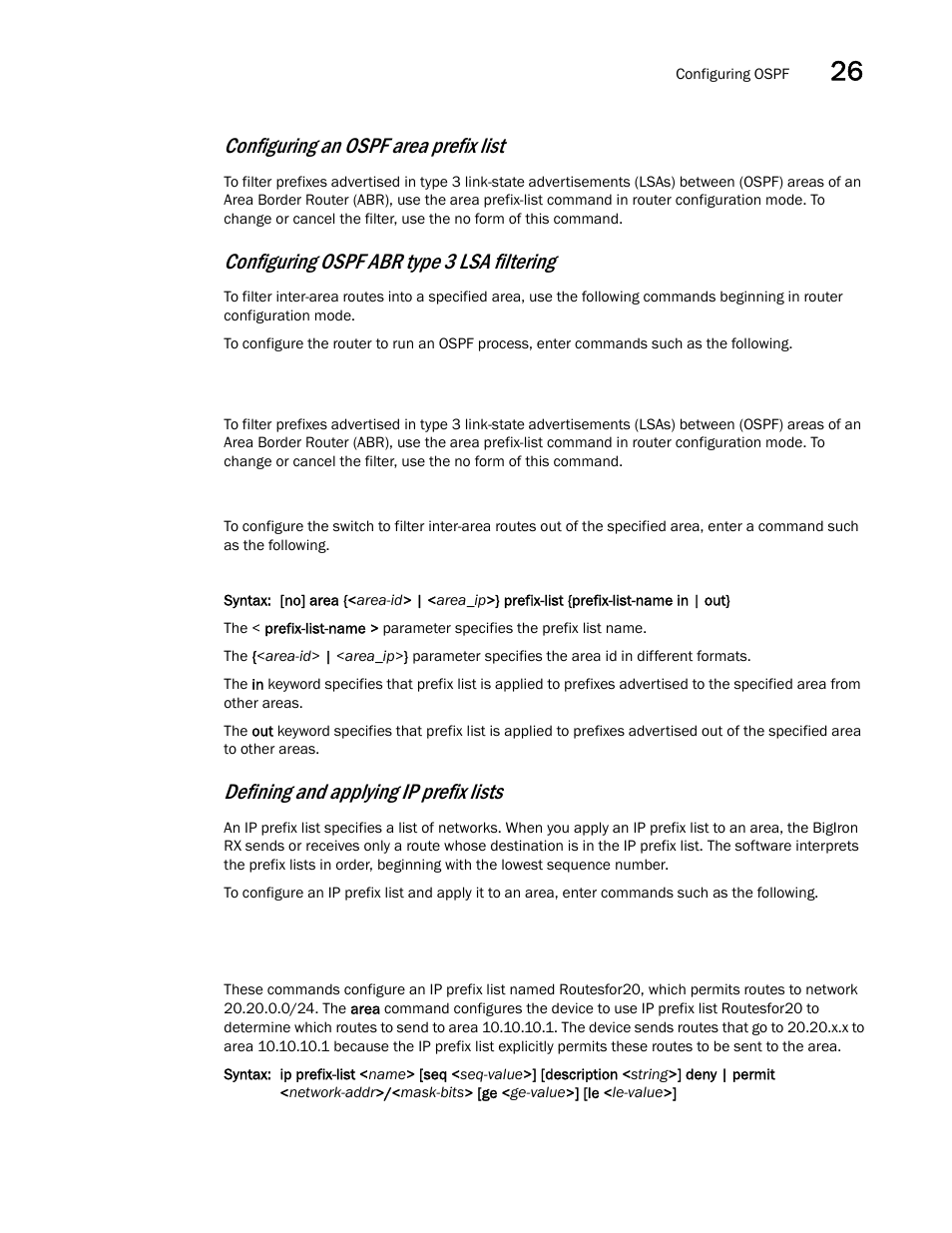 Configuring an ospf area prefix list, Configuring ospf abr type 3 lsa filtering, Defining and applying ip prefix lists | Brocade BigIron RX Series Configuration Guide User Manual | Page 867 / 1550