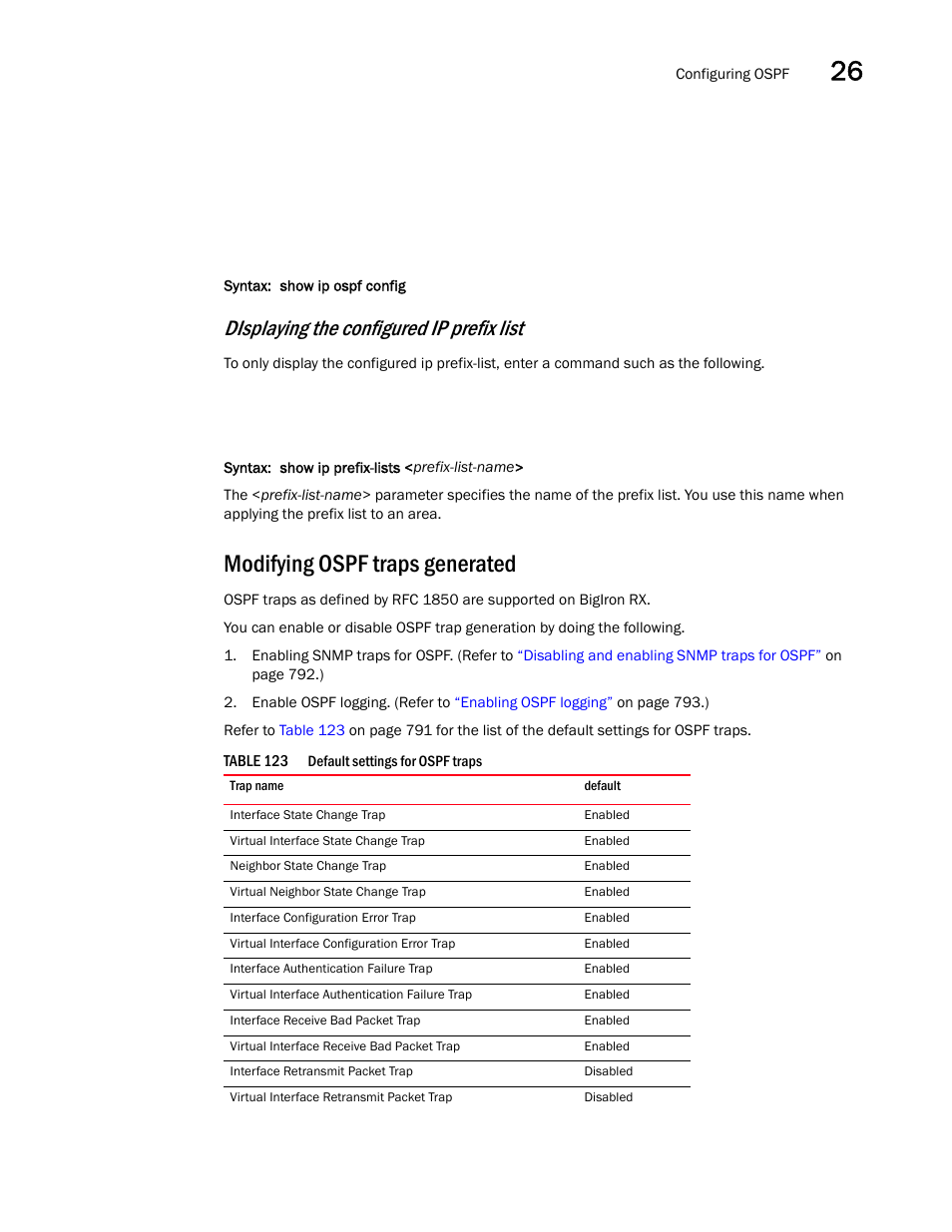 Modifying ospf traps generated, Displaying the configured ip prefix list | Brocade BigIron RX Series Configuration Guide User Manual | Page 869 / 1550