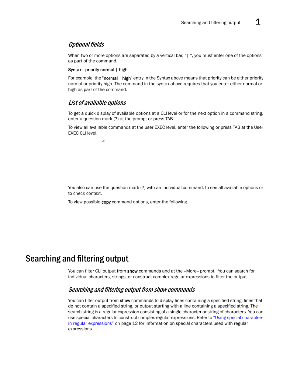 Searching and filtering output, Optional fields, List of available options | Searching and filtering output from show commands | Brocade BigIron RX Series Configuration Guide User Manual | Page 87 / 1550