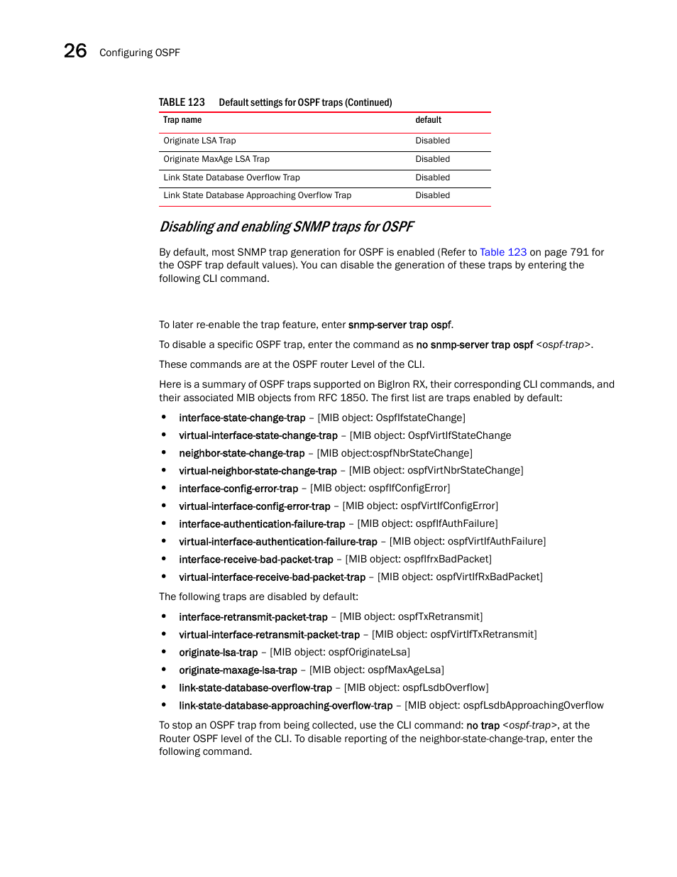 Disabling and enabling snmp traps for ospf | Brocade BigIron RX Series Configuration Guide User Manual | Page 870 / 1550