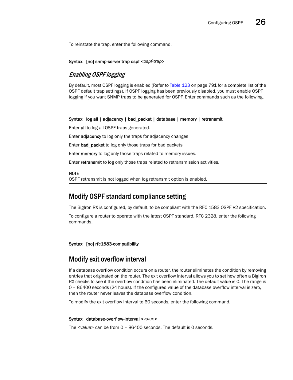 Modify ospf standard compliance setting, Modify exit overflow interval, Modify ospf | Standard compliance setting, Enabling ospf logging | Brocade BigIron RX Series Configuration Guide User Manual | Page 871 / 1550